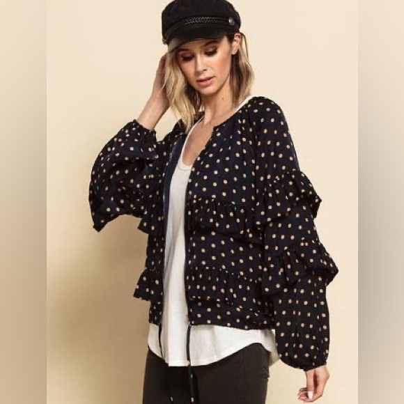 Lucca Couture Jackets & Blazers - Lucca Couture Zip Up Tiered Navy w/ Tan Polka Dots Ruffle Long Sleeve Jacket Sm